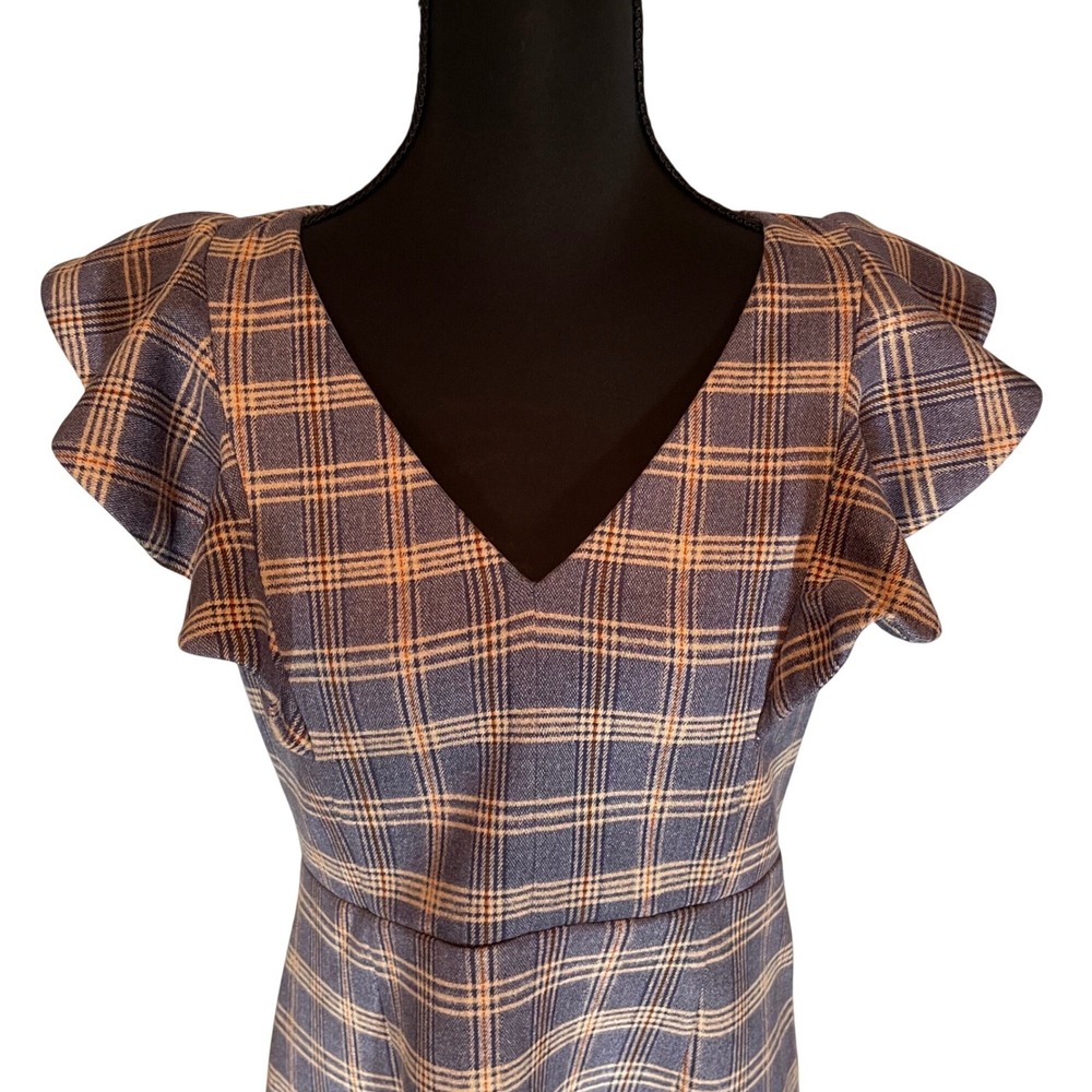 Altar'd State Plaid Ruffle Sleeve V-Neck Fit & Flare Mini Dress M Dark Academia - Picture 2 of 9